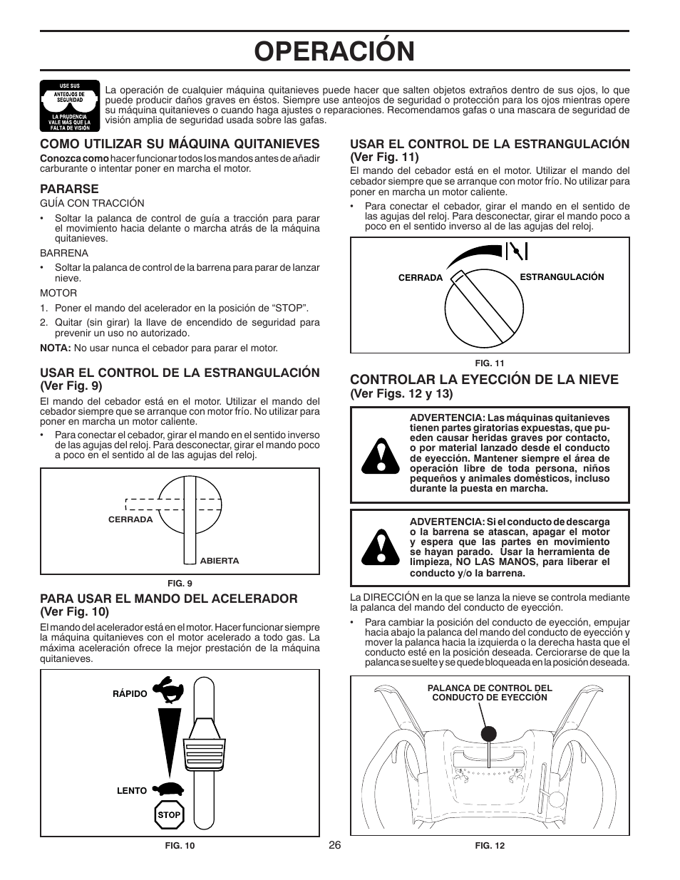 Operación, Controlar la eyección de la nieve | Poulan 96194000500 User Manual | Page 26 / 48