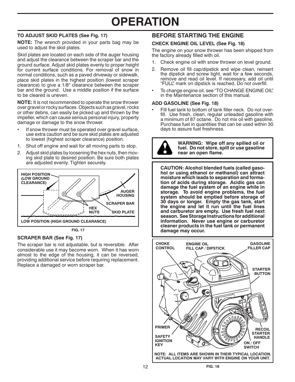 Operation, Before starting the engine | Poulan Pro PR8P27ES SNOW THROWER User Manual | Page 12 / 44