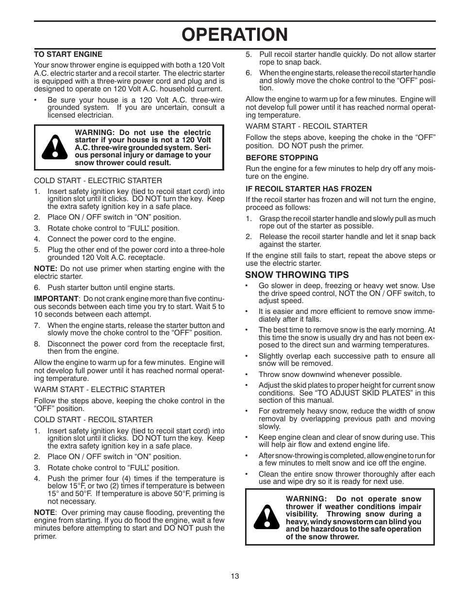 Operation | Poulan Pro PR8P27ES SNOW THROWER User Manual | Page 13 / 44