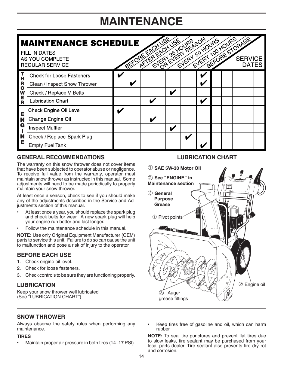 Maintenance | Poulan Pro PR8P27ES SNOW THROWER User Manual | Page 14 / 44