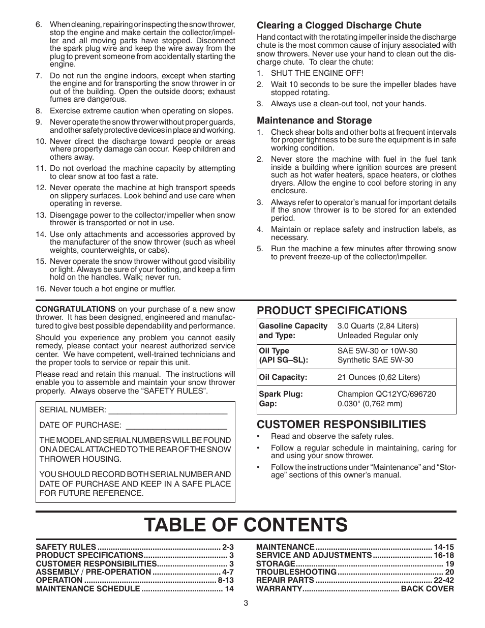 Poulan Pro PR8P27ES SNOW THROWER User Manual | Page 3 / 44