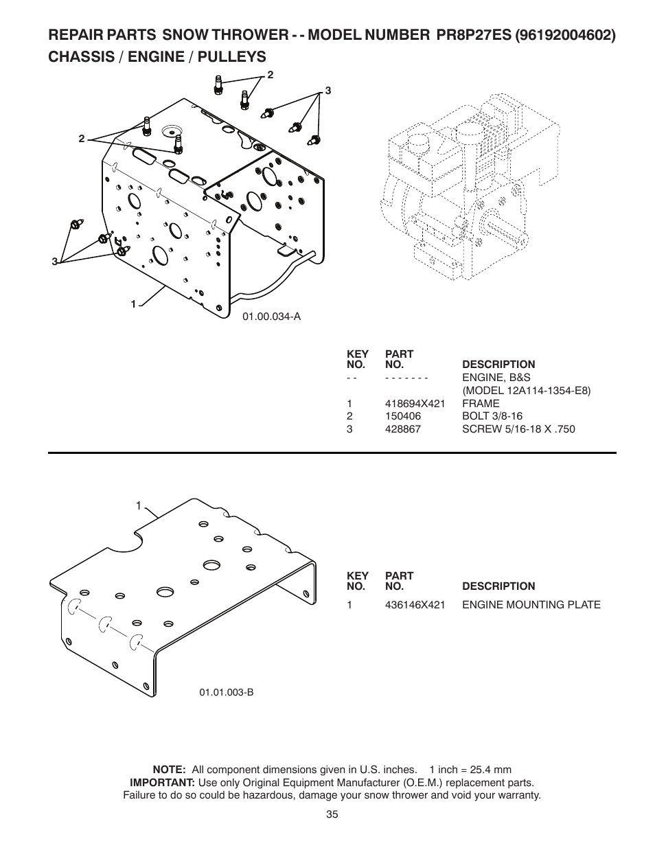 Chassis / engine / pulleys | Poulan Pro PR8P27ES SNOW THROWER User Manual | Page 35 / 44