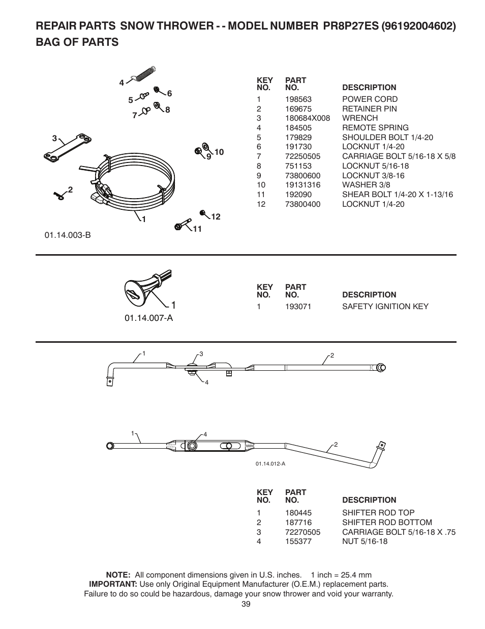 Bag of parts | Poulan Pro PR8P27ES SNOW THROWER User Manual | Page 39 / 44