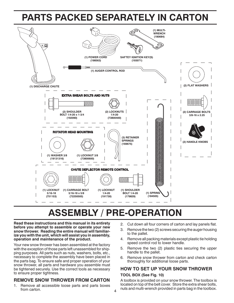 Assembly, How to set up your snow thrower, Remove snow thrower from car ton | Poulan Pro PR8P27ES SNOW THROWER User Manual | Page 4 / 44