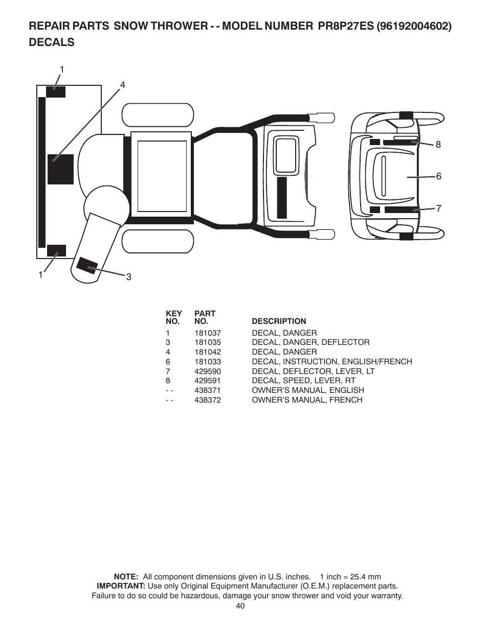 Decals | Poulan Pro PR8P27ES SNOW THROWER User Manual | Page 40 / 44