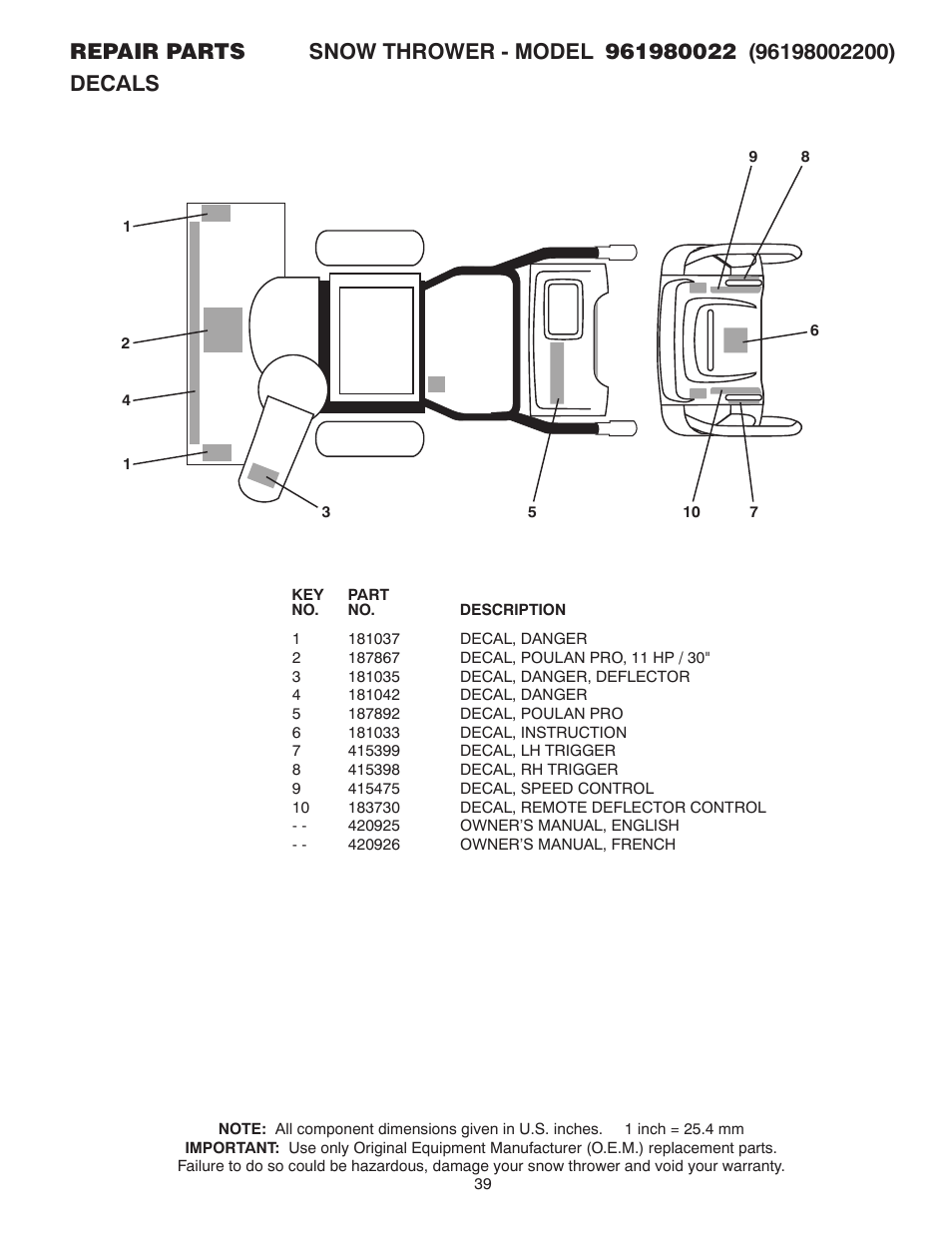 Poulan 961980022 User Manual | Page 39 / 40