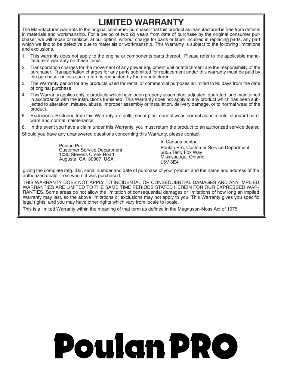 Limited warranty | Poulan 961980022 User Manual | Page 40 / 40