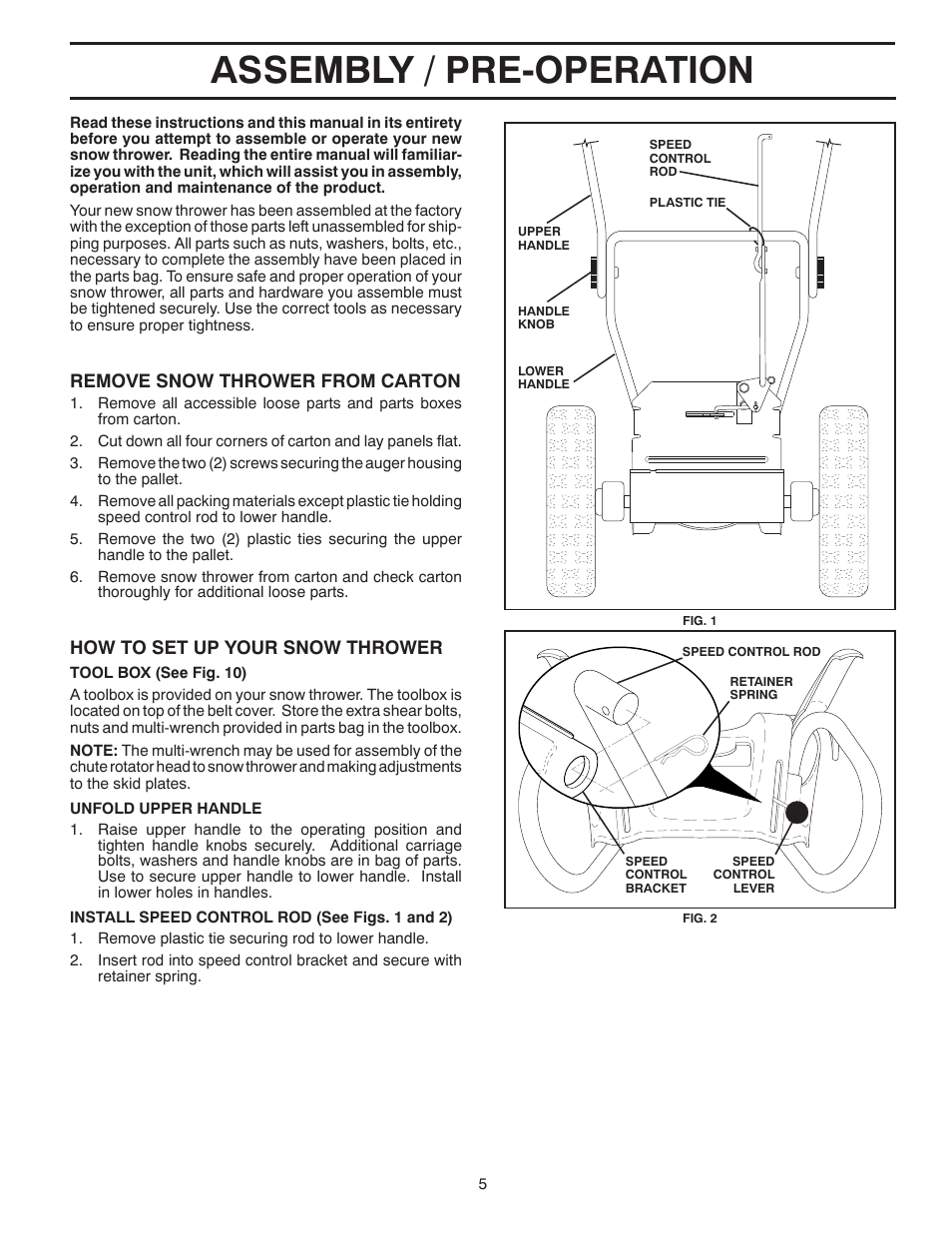 Assembly / pre-operation, Remove snow thrower from car ton, How to set up your snow thrower | Poulan 961980022 User Manual | Page 5 / 40