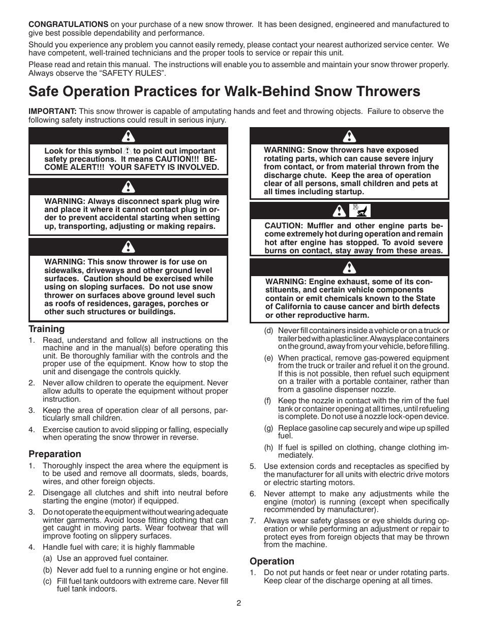 Safe operation | Poulan Pro PR621ES SNOW THROWER User Manual | Page 2 / 30