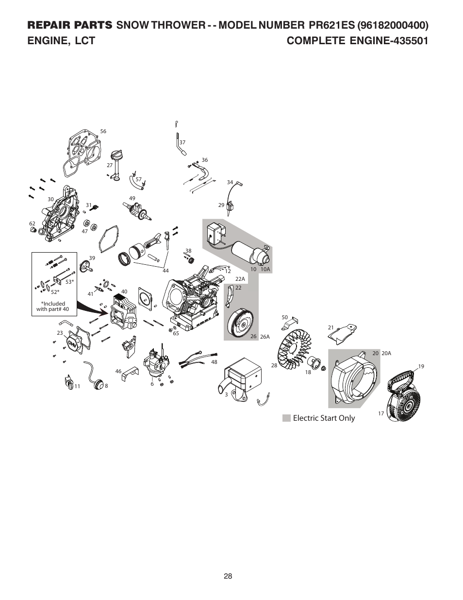 Engine, lct, Electric start only | Poulan Pro PR621ES SNOW THROWER User Manual | Page 28 / 30