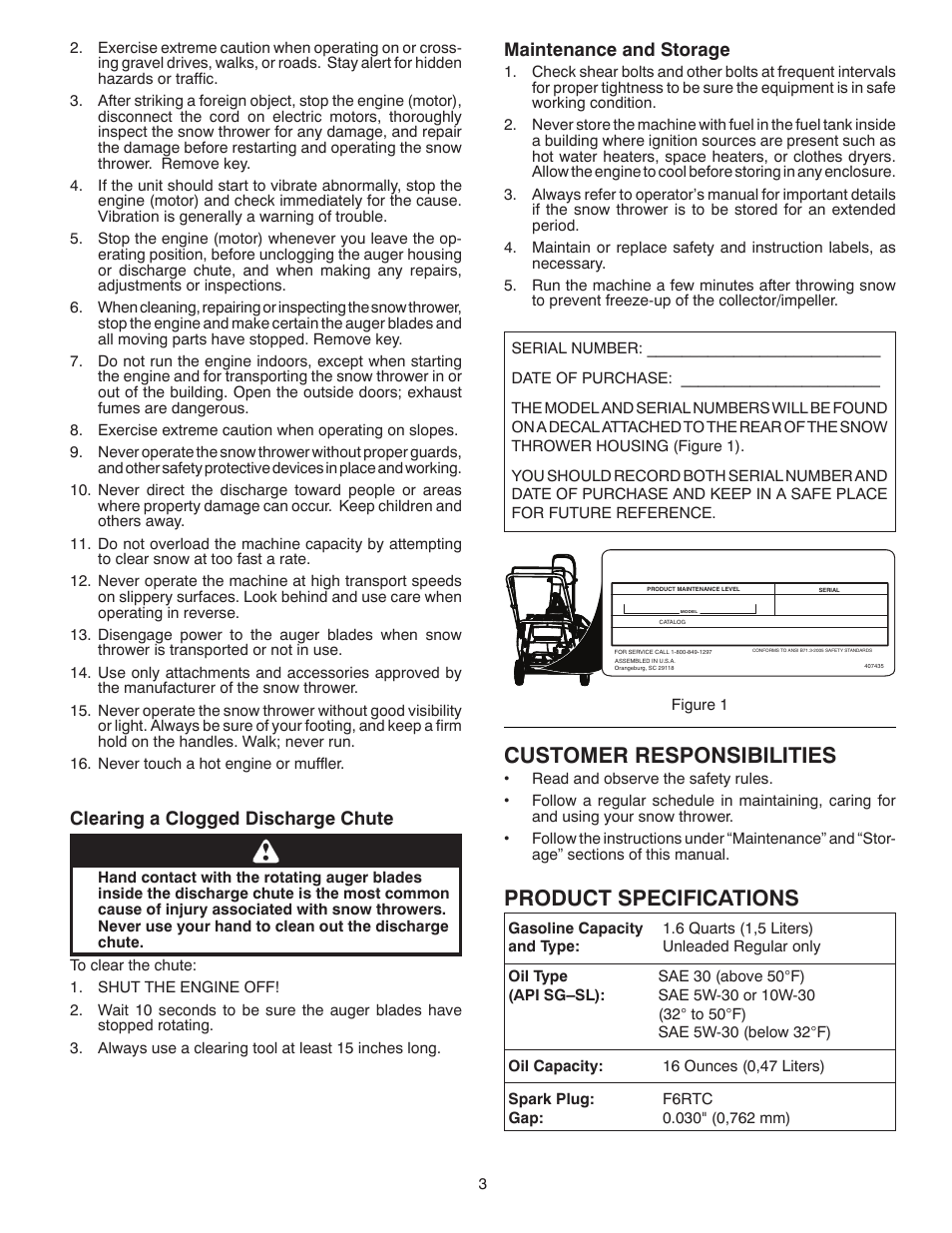 Product specifications, Customer responsibilities, Clearing a clogged discharge chute | Maintenance and storage | Poulan Pro PR621ES SNOW THROWER User Manual | Page 3 / 30