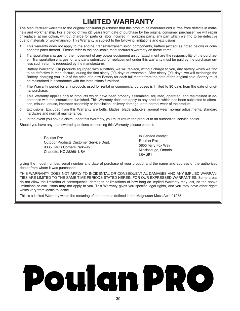 Limited warranty | Poulan Pro PR621ES SNOW THROWER User Manual | Page 30 / 30