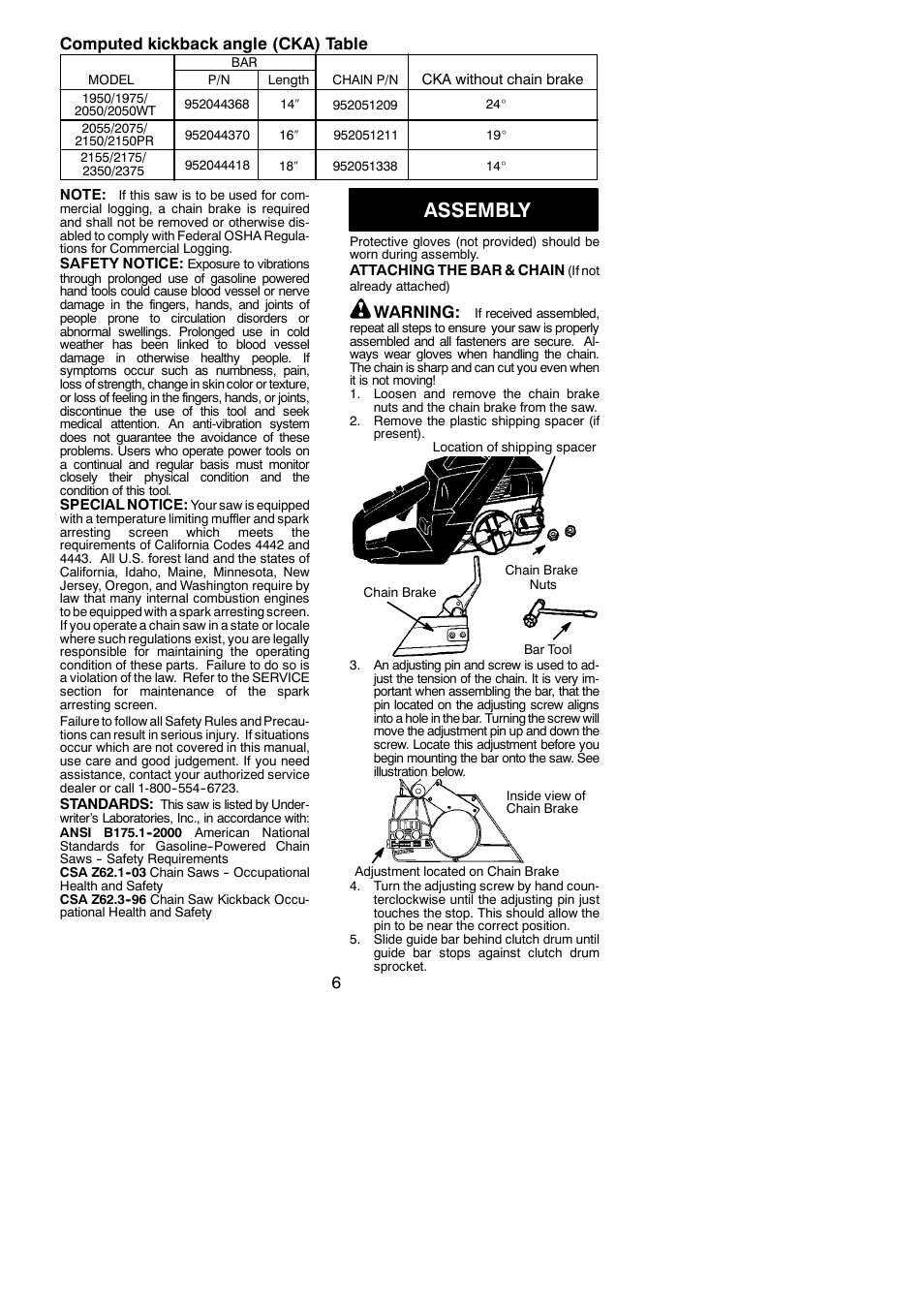 Assembly, 6computed kickback angle (cka) table, Warning | Poulan 545123582 User Manual | Page 6 / 18