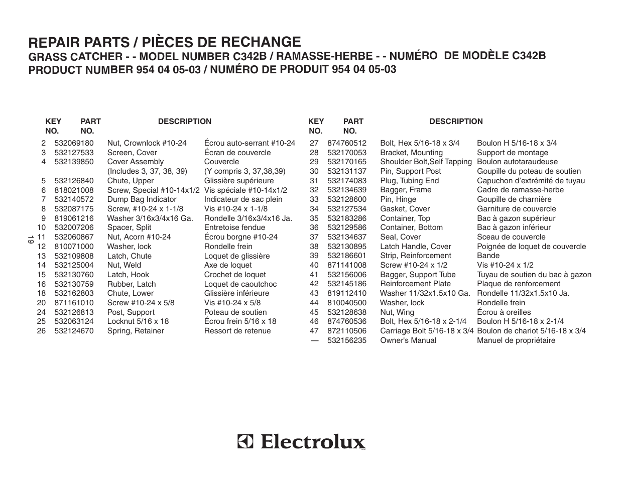 Repair parts / pièces de rechange | Poulan C342B User Manual | Page 19 / 19