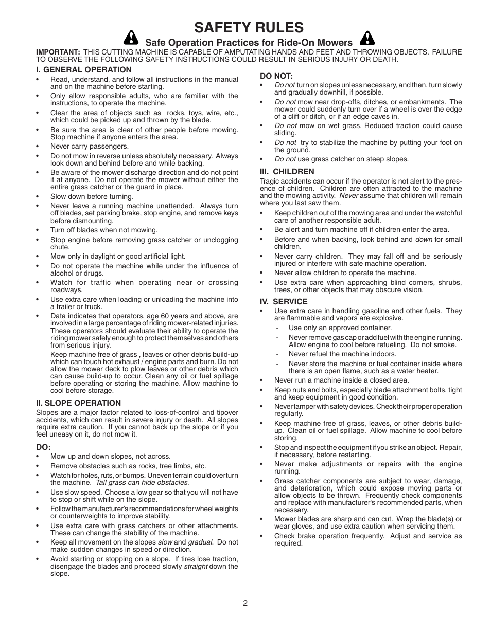 Safety rules, Safe operation practices for ride-on mowers | Poulan C342B User Manual | Page 2 / 19
