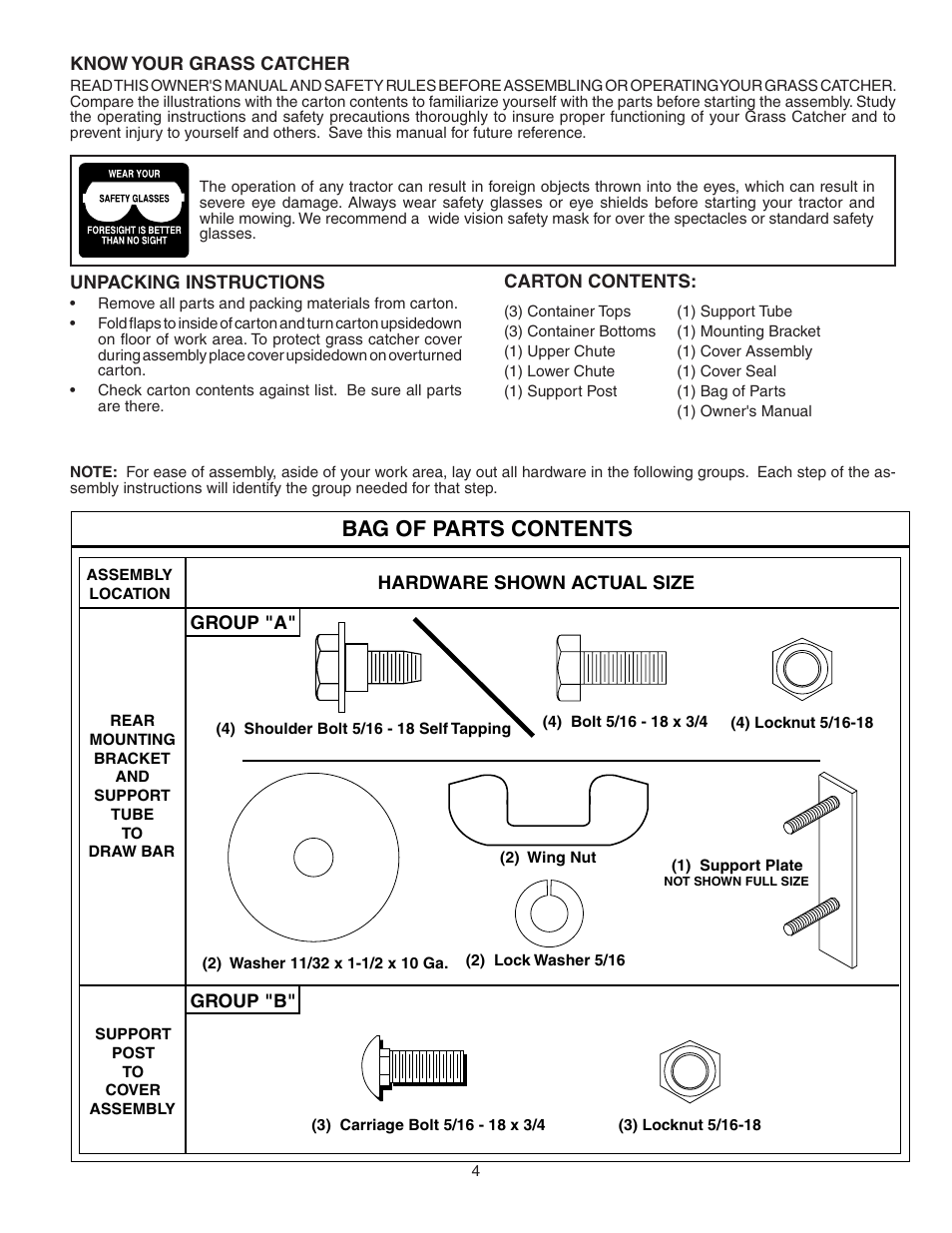 Bag of parts contents | Poulan C342B User Manual | Page 4 / 19