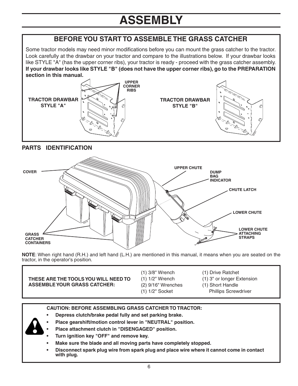 Assembly, Before you start to assemble the grass catcher, Parts identification | Poulan C342B User Manual | Page 6 / 19