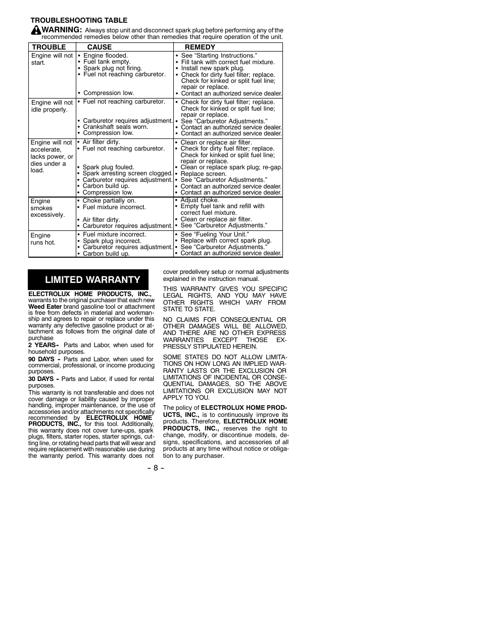 Limited warranty | Electrolux BV200 User Manual | Page 8 / 9