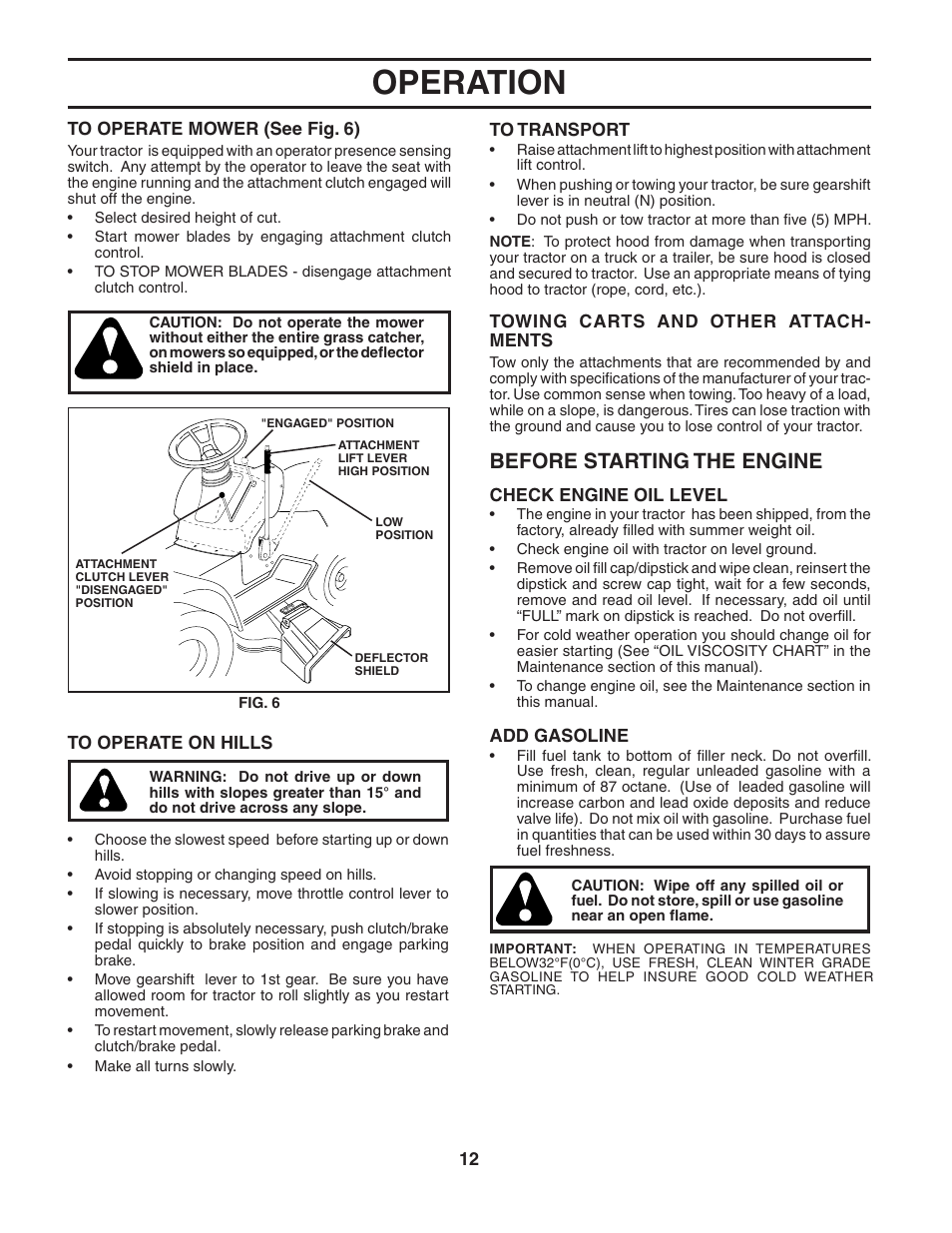 Operation, Before starting the engine | Poulan 184210 User Manual | Page 12 / 48