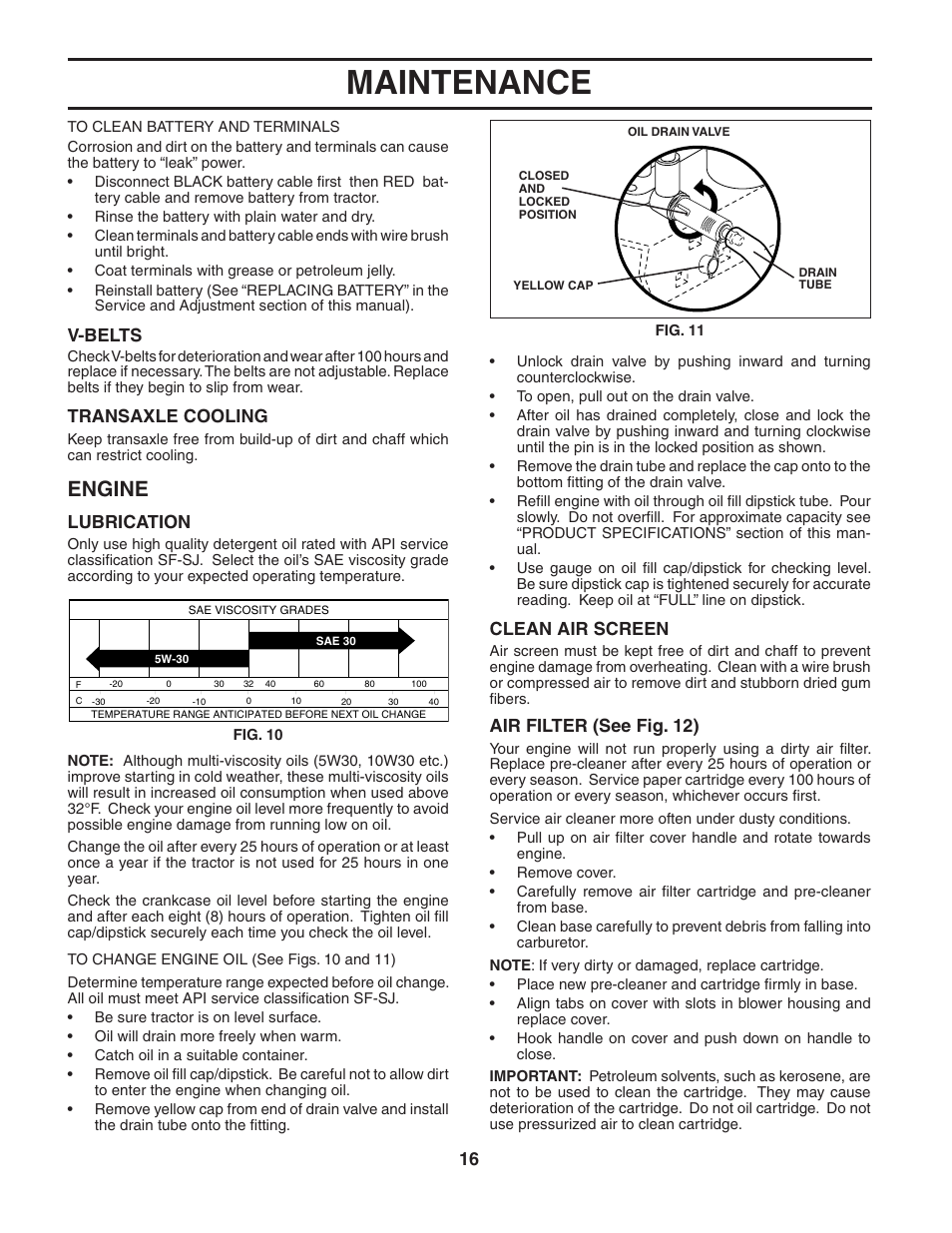 Maintenance, Engine, V-belts | Transaxle cooling, Lubrication, Air filter (see fig. 12), Clean air screen | Poulan 184210 User Manual | Page 16 / 48