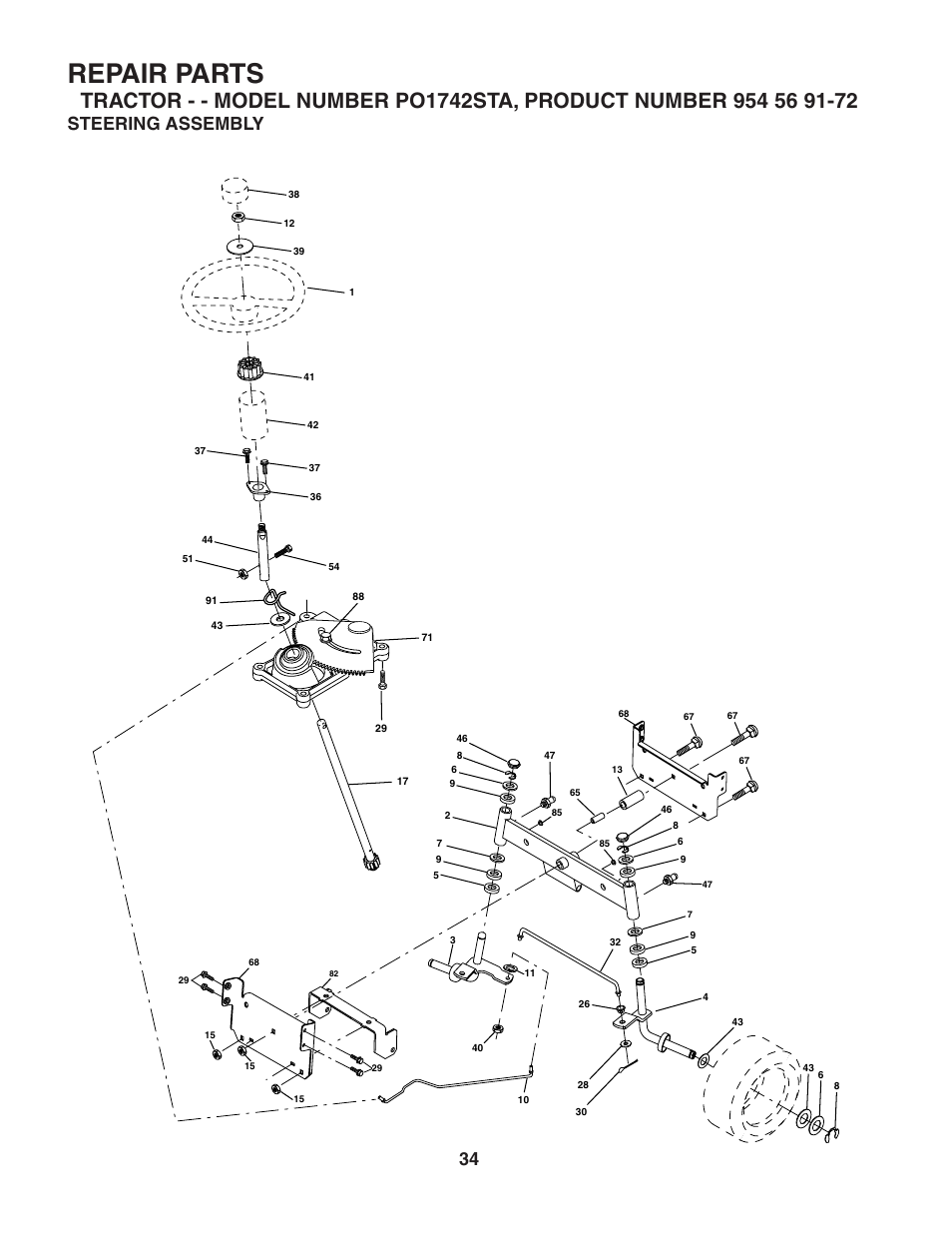 Repair parts, Steering assembly | Poulan 184210 User Manual | Page 34 / 48