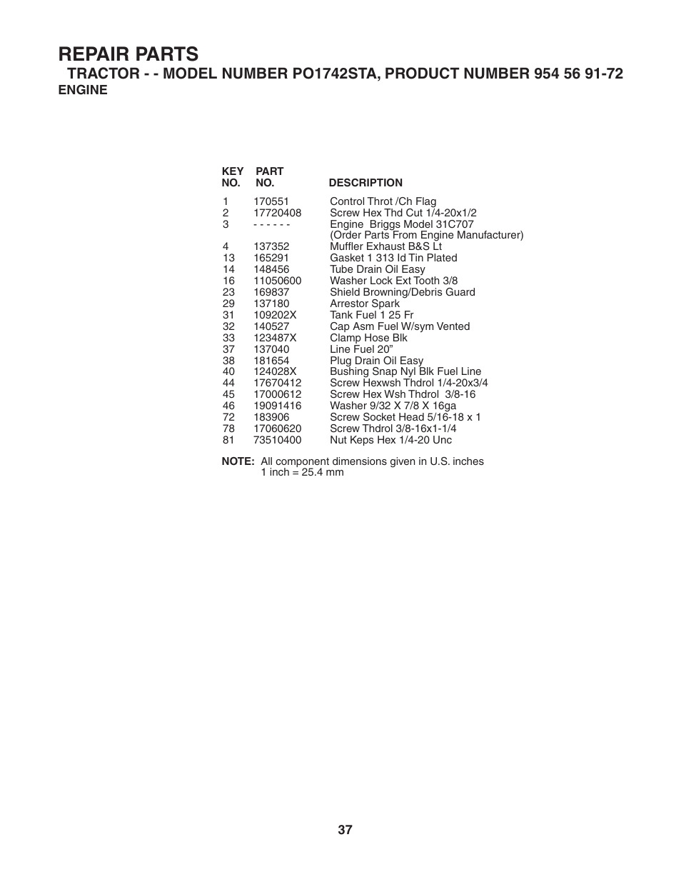 Repair parts | Poulan 184210 User Manual | Page 37 / 48