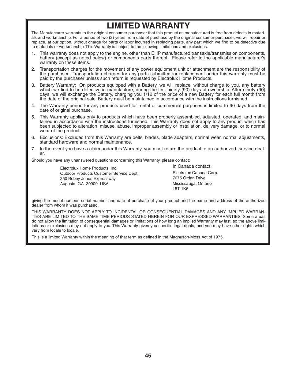 Limited warranty | Poulan 184210 User Manual | Page 45 / 48