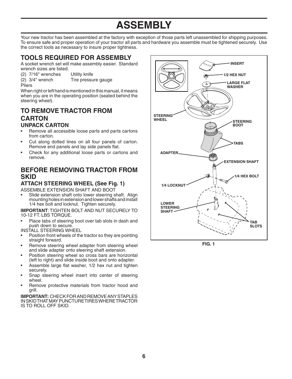 Assembly, Tools required for assembly, Before removing tractor from skid | Poulan 184210 User Manual | Page 6 / 48