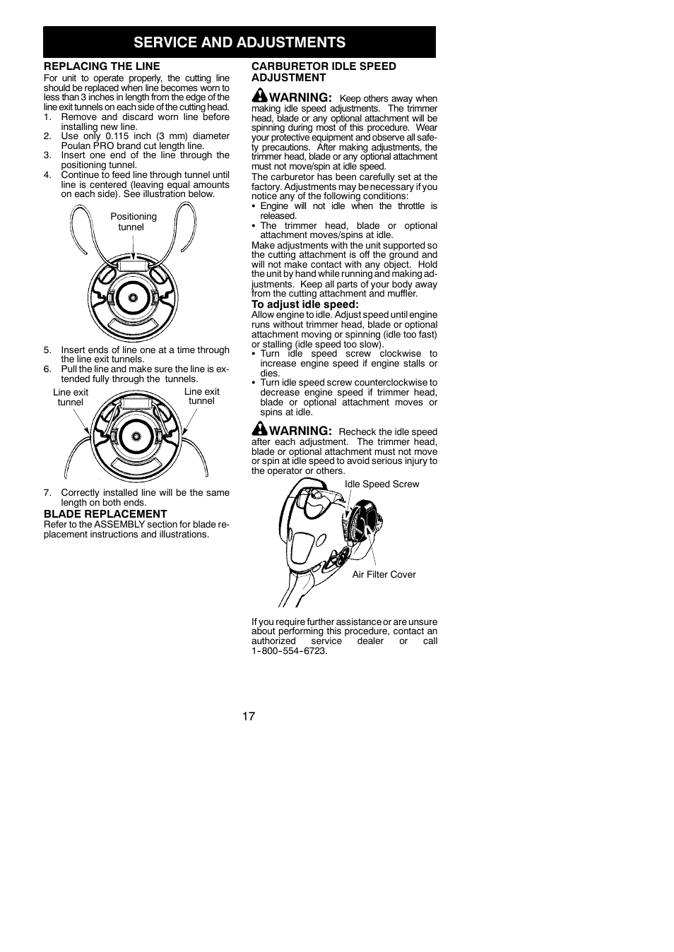 Service and adjustments, Warning | Poulan Pro PP325 User Manual | Page 17 / 21