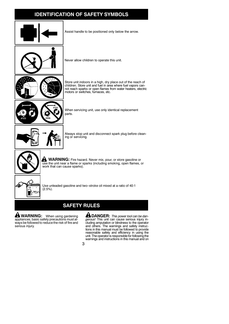 Identification of safety symbols, Safety rules | Poulan Pro PP325 User Manual | Page 3 / 21