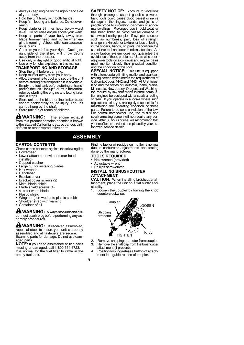Assembly, Warning | Poulan Pro PP325 User Manual | Page 5 / 21