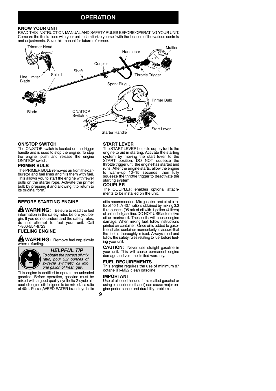 Operation, Warning, Helpful tip | Poulan Pro PP325 User Manual | Page 9 / 21