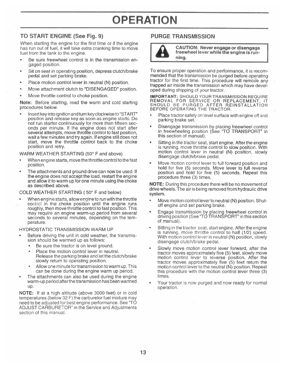 To start engint fitj. 9), Purge transmission, Off ration | Poulan 160886 User Manual | Page 13 / 46