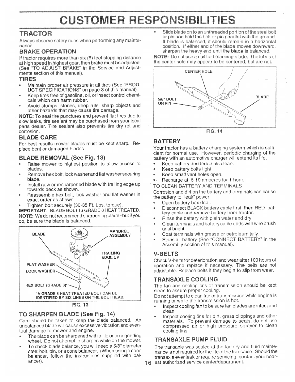 Tires, Blade removal (see fig. 13), To sharpen blade (see fig. 14) | Battery, V-belts, Transaxle cooling, Transaxle pump fluid, Customer bfsprihsibii ities, Blade care | Poulan 160886 User Manual | Page 16 / 46