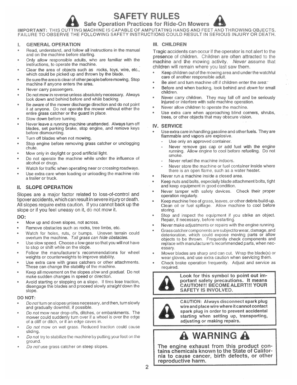 Safe operation practices for ride-on mowers, Warning, Safety rules | Poulan 160886 User Manual | Page 2 / 46