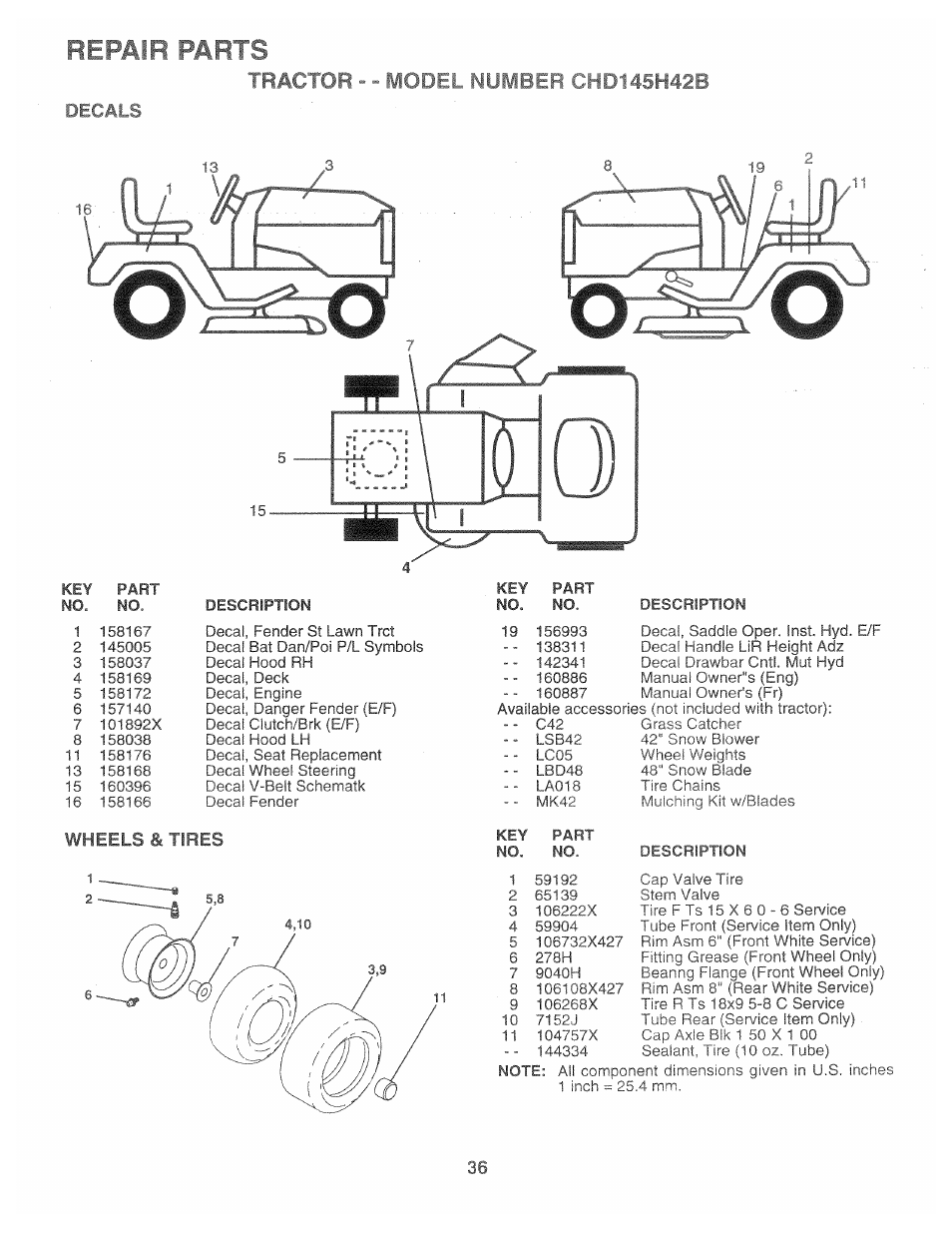Decals, Repair parts, Tractor i42b | Wheels & tires | Poulan 160886 User Manual | Page 34 / 46