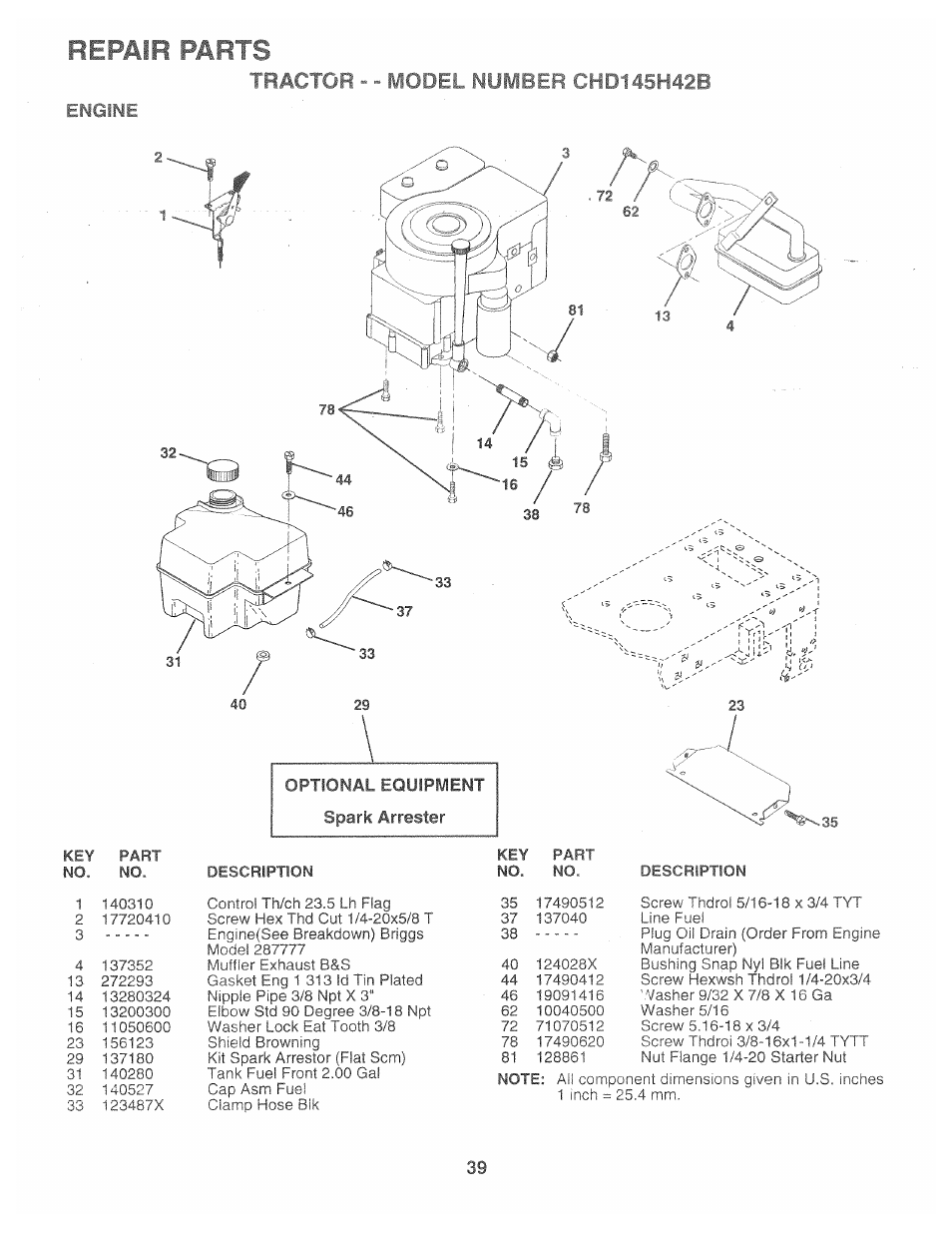 Engine, Optional equipment spark arrester, Repair parts | Model, Tractor | Poulan 160886 User Manual | Page 37 / 46