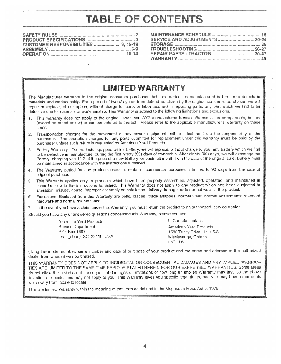 Tabl f or f:fínтp^4ts, Limited warranty | Poulan 160886 User Manual | Page 4 / 46