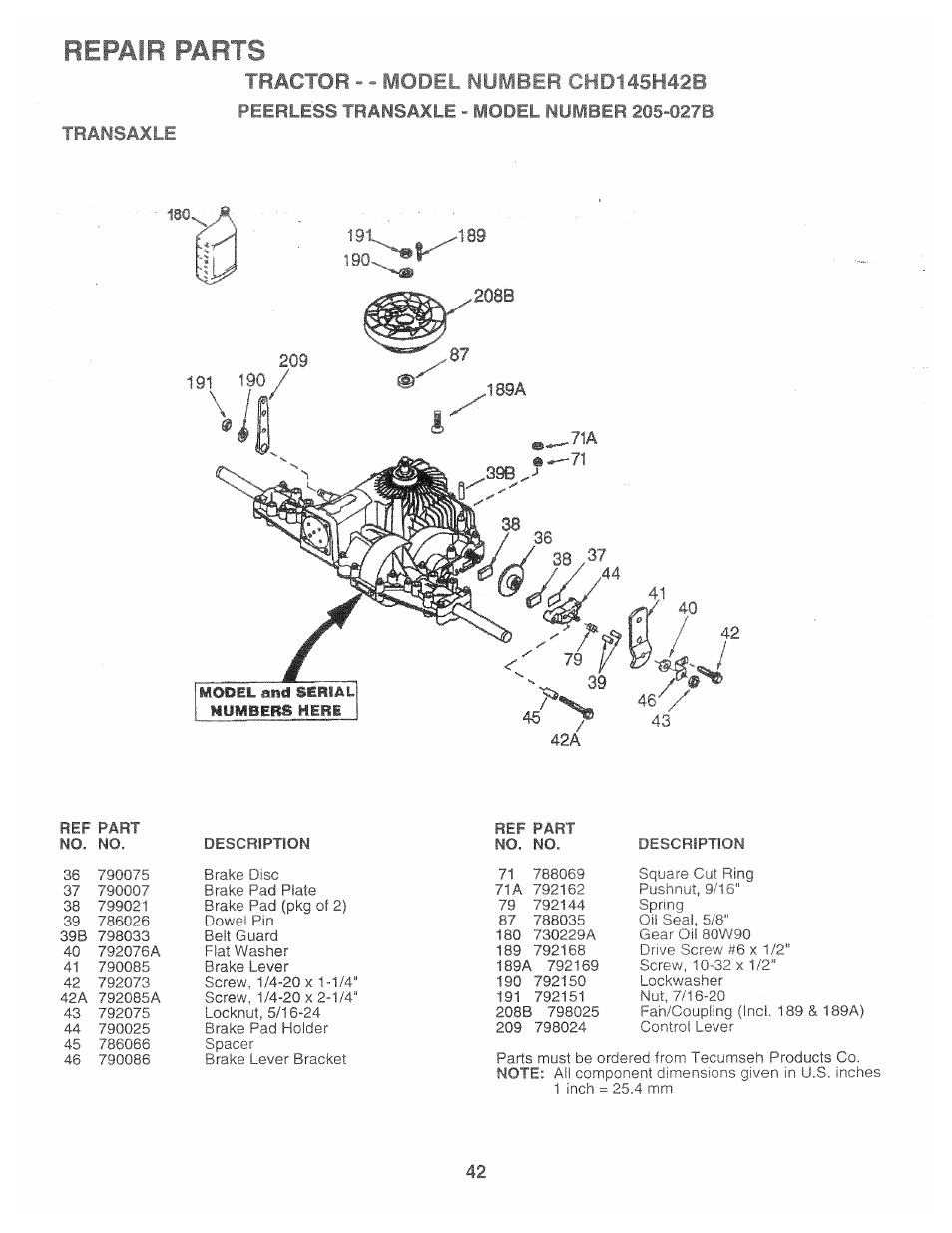 Peerless transaxle - model number 205-027b, Transaxle, Repair parts | Poulan 160886 User Manual | Page 40 / 46