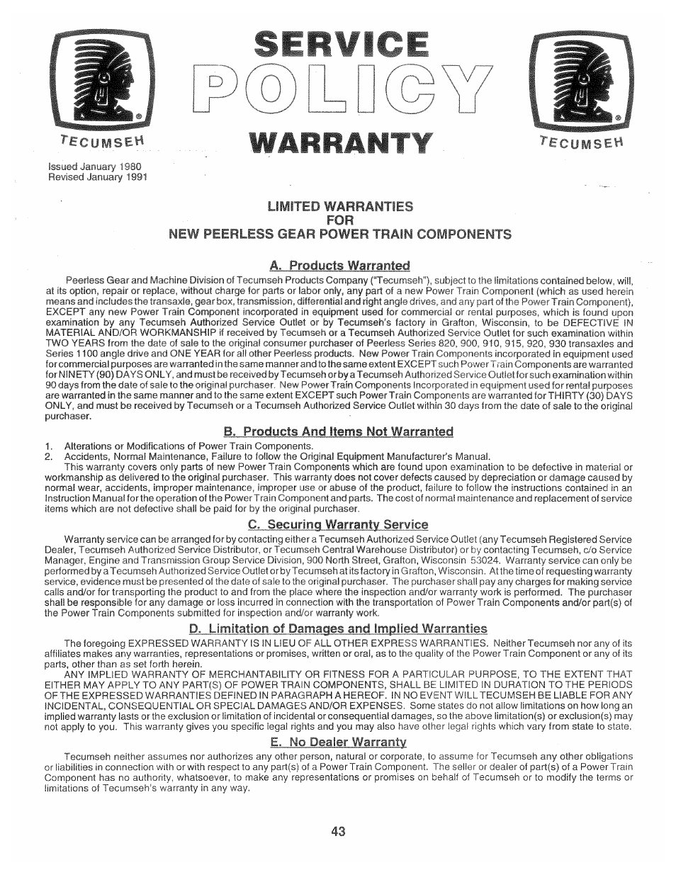 Warranty, Limited warranties for, C. securing warranty service | D. limitation of damages and implied warranties, E. no dealer warranty | Poulan 160886 User Manual | Page 41 / 46