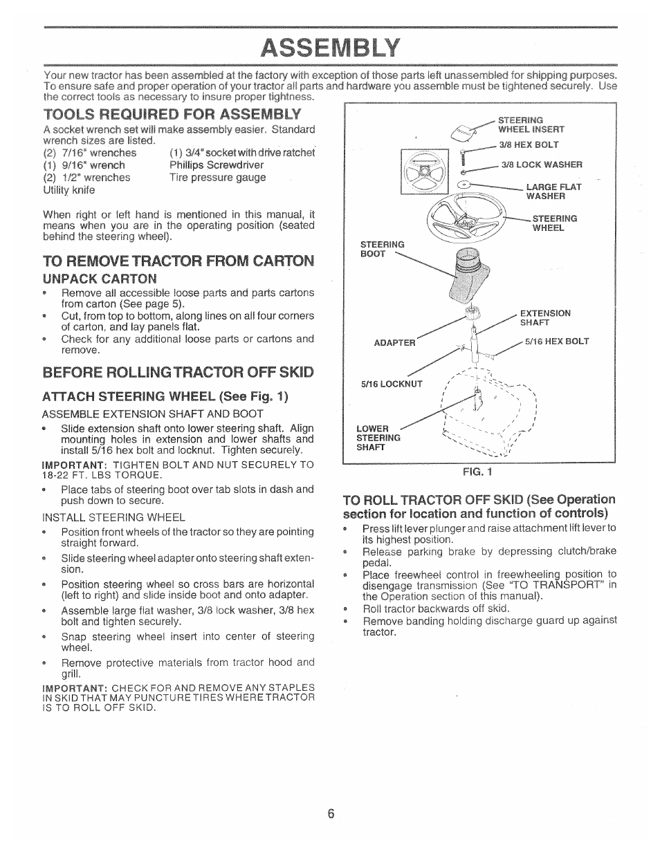Rr.fii wfqyibeo rob assf-1ibiv, To remo¥e tractor from carton, Unpack carton | Before rolling tractor off skid, Attach steering wheel (see fig. 1), Rr.fii wfqyibeo rob assf, Ibiv | Poulan 160886 User Manual | Page 6 / 46