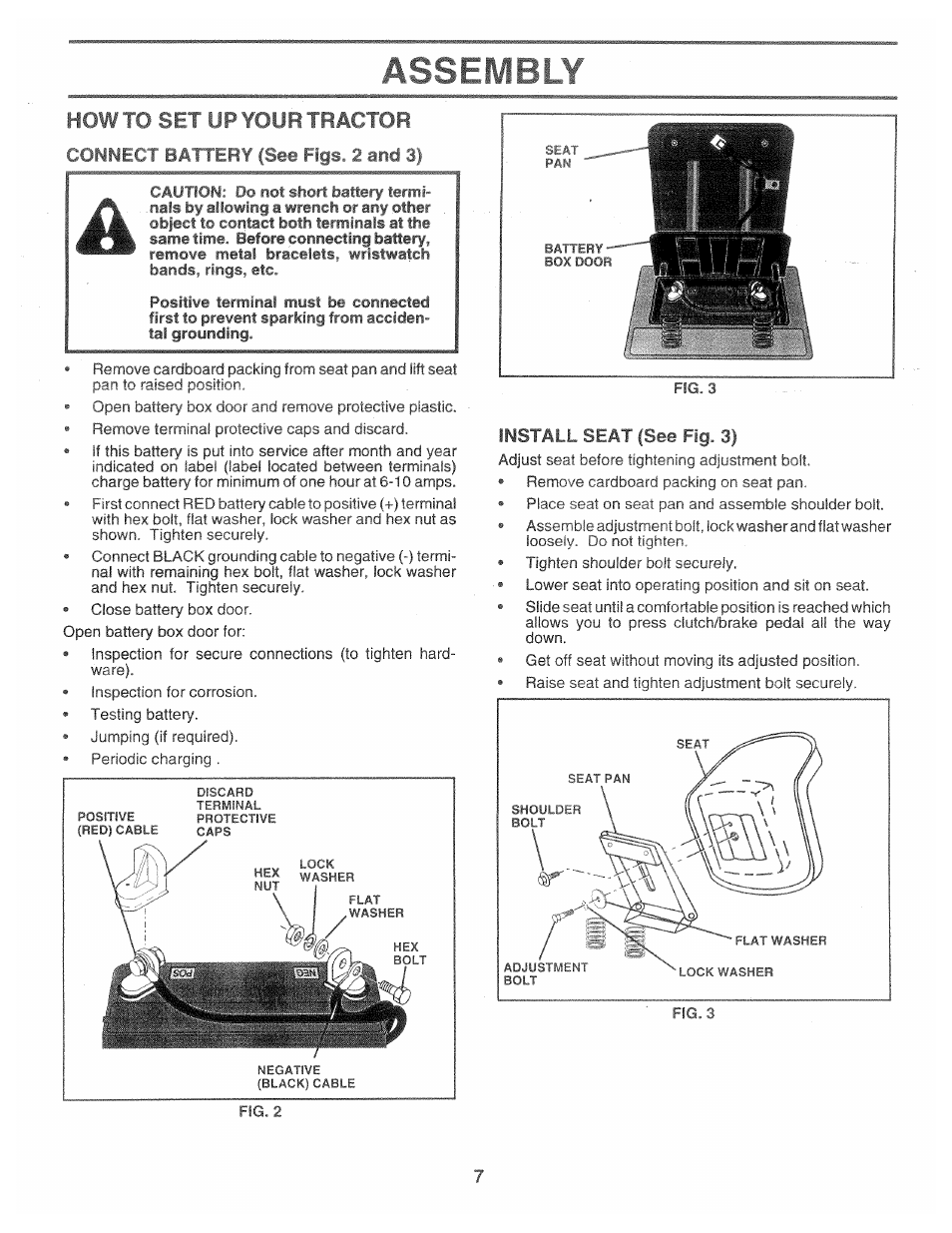 Howt^^ iif'/ourtractcift, Conner i ba itfctty (see figs. 2 and 3), Install seat (see fig. 3) | Assembly | Poulan 160886 User Manual | Page 7 / 46
