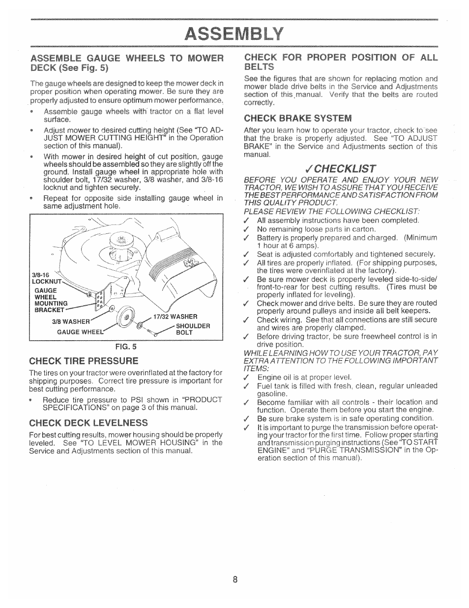 Assemble gauge wheels to mowep lieck i see fig. 5), Check tire pressure, Check deck le¥elness | Ch^f f fob prope^ï рп^ггон ет at. l belts, Check brake system, Checklist, Ch^f f fob prope^ï рп^ггон ет at. l, Brake | Poulan 160886 User Manual | Page 8 / 46