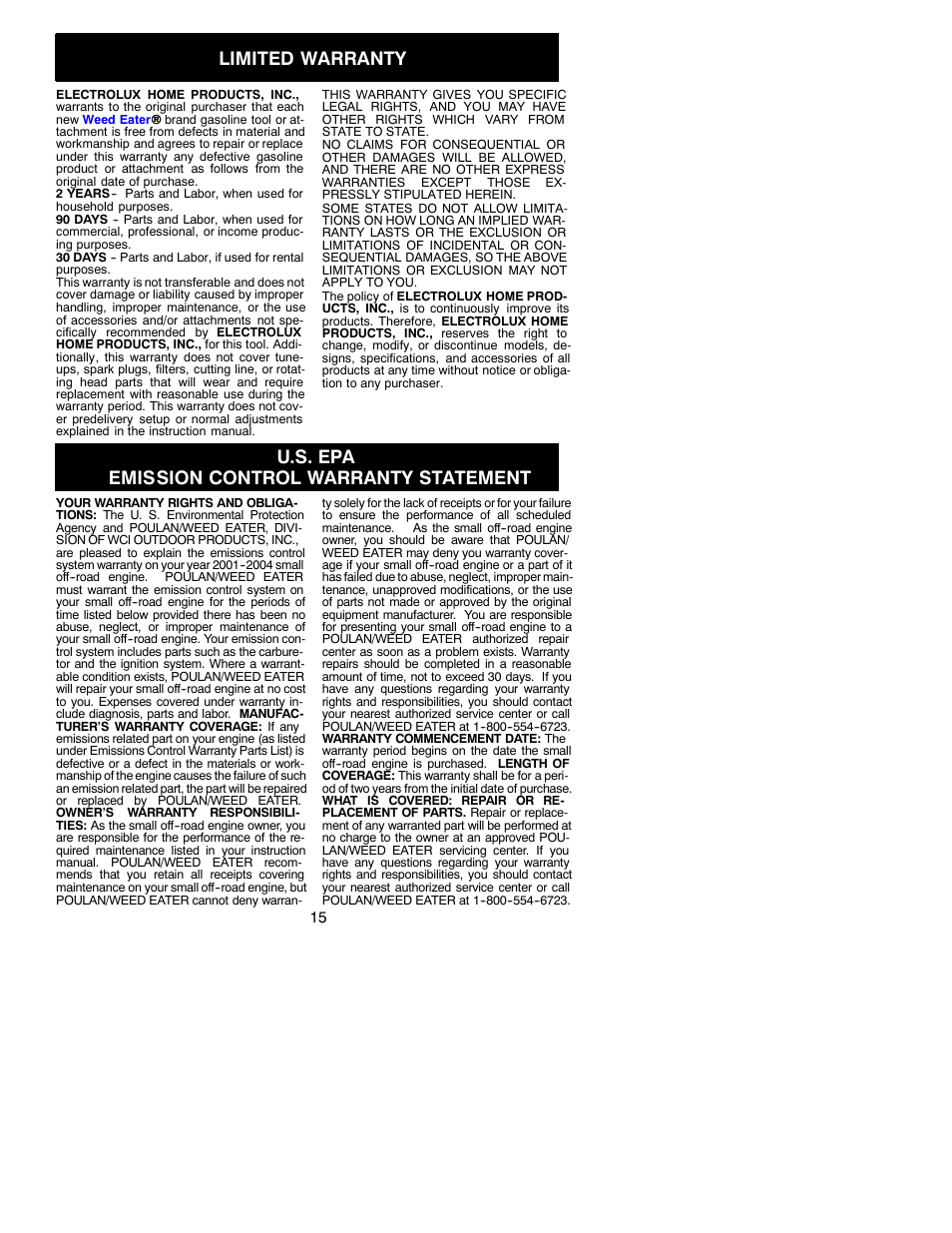 Limited warranty, U.s. epa emission control warranty statement | Poulan 31WG User Manual | Page 15 / 16