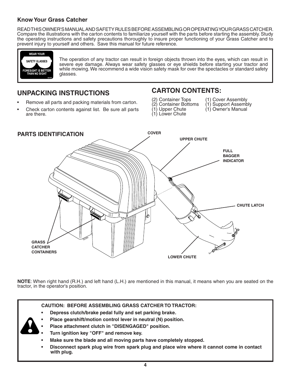 Unpacking instructions, Carton con tents, Parts iden ti fi ca tion | Know your grass catcher | Poulan QCT38-97 User Manual | Page 4 / 11