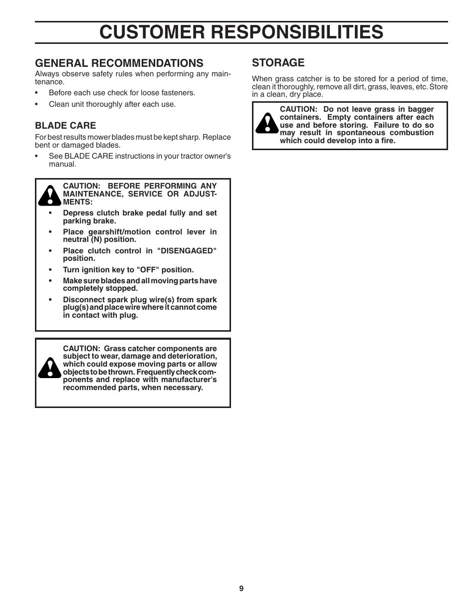 Customer responsibilities, Storage, General recommendations | Poulan QCT38-97 User Manual | Page 9 / 11