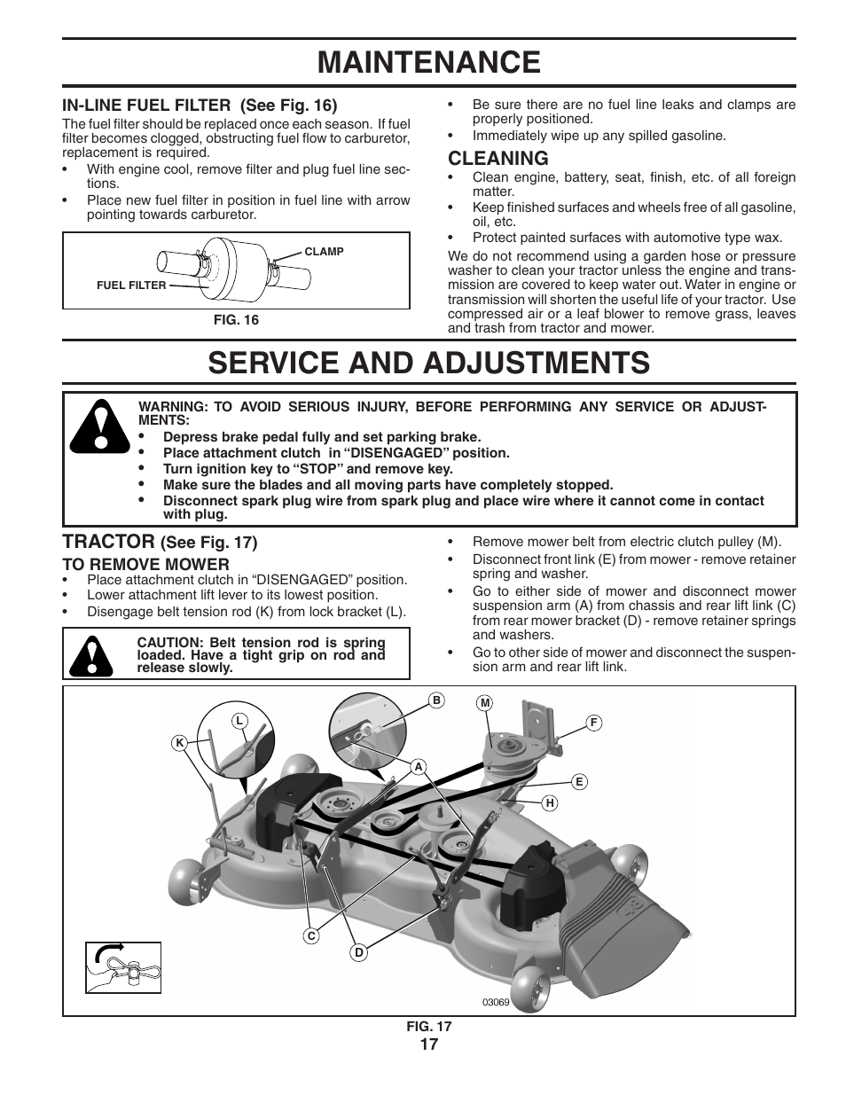 Maintenance, Service and adjustments, Cleaning | Tractor | Poulan 404489 User Manual | Page 17 / 30