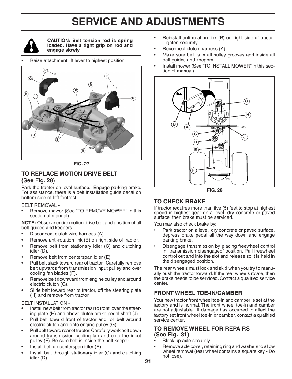 Service and adjustments, Front wheel toe-in/cam ber | Poulan 404489 User Manual | Page 21 / 30