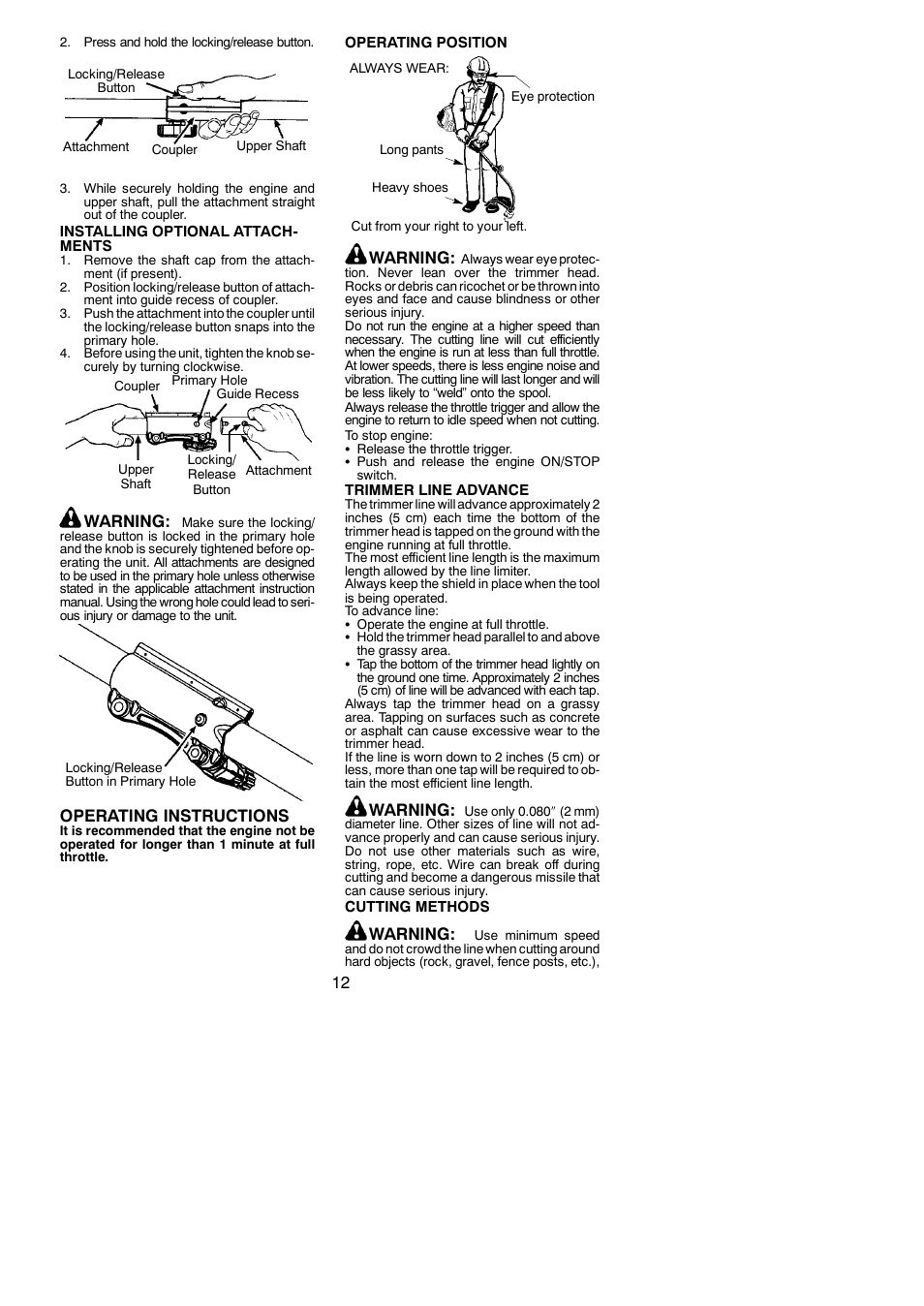 Warning, Operating instructions | Poulan 952711943 User Manual | Page 12 / 19