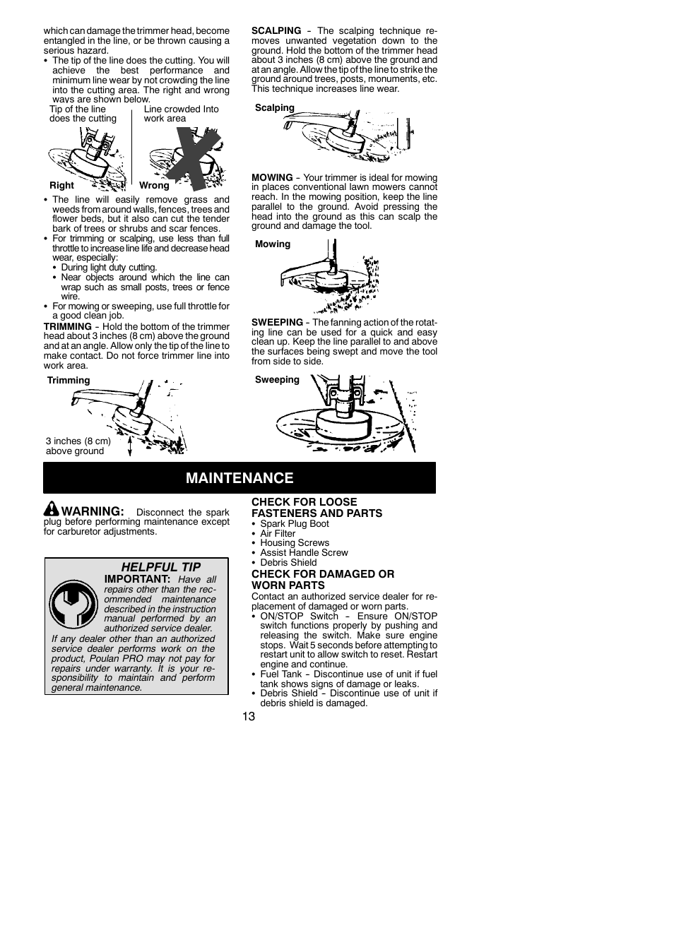 Maintenance, Warning, Helpful tip | Poulan 952711943 User Manual | Page 13 / 19